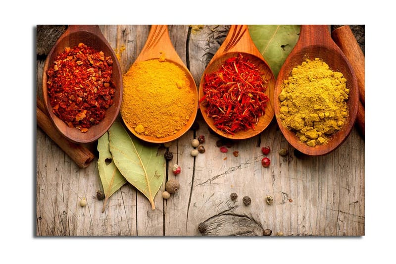 Canvas-taulu 70x45 cm - Värikkäät mausteet puulusikoissa, Punainen / Keltainen / Oranssi