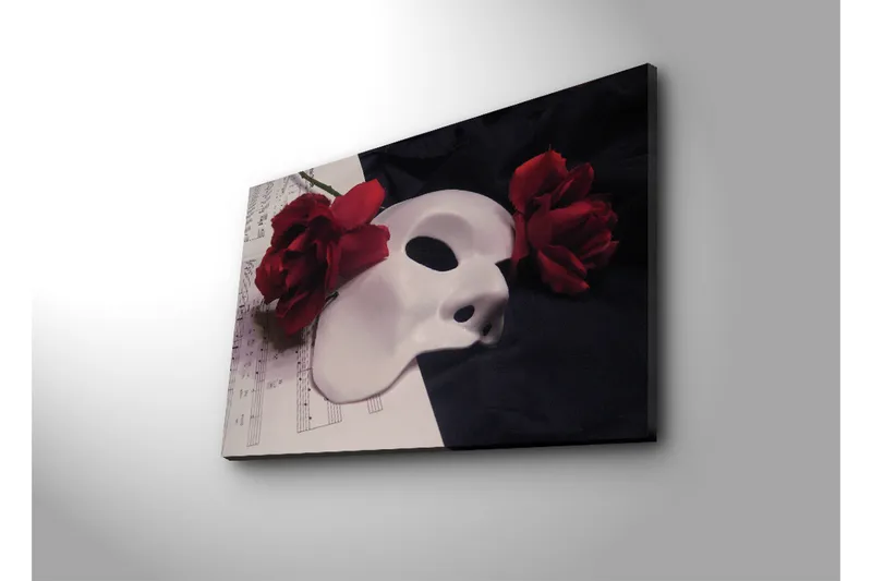 Canvas-taulu 70x45 cm - Valkoinen naamio punaisten ruusujen ympäröimänä - Valkoinen / Punainen / Musta - Sisustustuotteet - Taulu & taide - Canvas-taulu