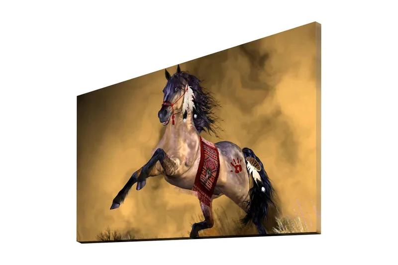 Canvas-taulu 70x45 cm - Ylpeä hevonen liikkeessä koristeellisilla yksityiskohdilla, Kulta / Ruskea / Musta