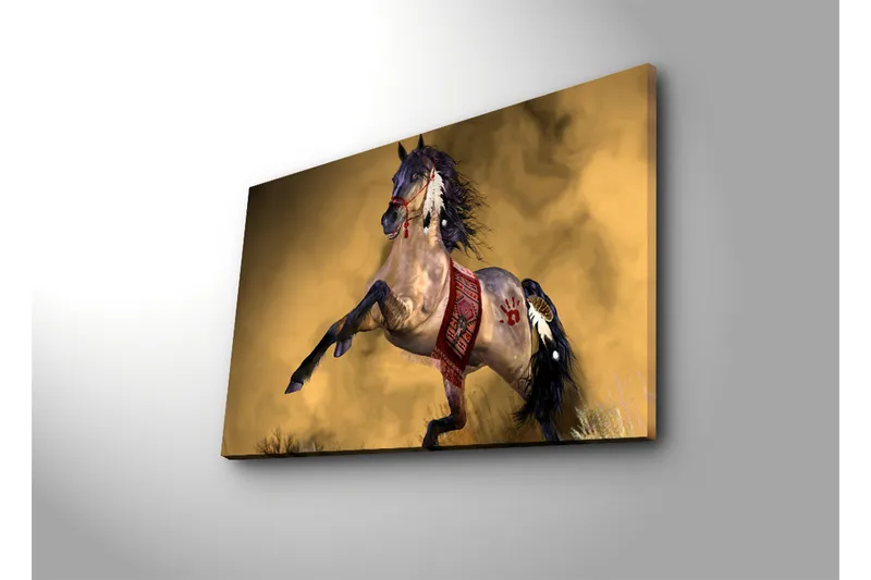 Canvas-taulu 70x45 cm - Ylpeä hevonen liikkeessä koristeellisilla yksityiskohdilla - Kulta / Ruskea / Musta - Sisustustuotteet - Taulu & taide - Canvas-taulu