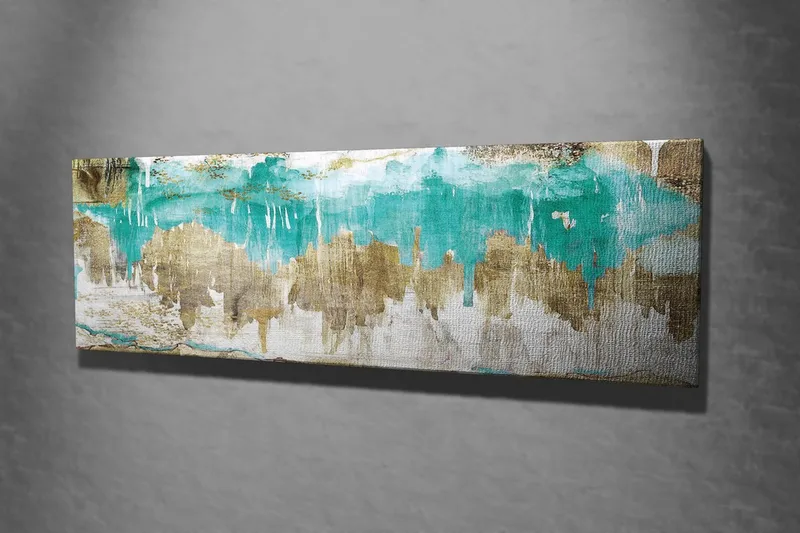 Canvas-taulu 80x30 cm - Abstrakti maisema turkoosilla ja kultaisilla elementeillä - Turkoosi / Kulta / Beige - Sisustustuotteet - Taulu & taide - Canvas-taulu