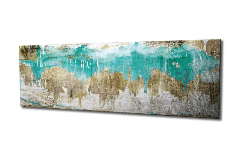 Canvas-taulu 80x30 cm - Abstrakti maisema turkoosilla ja kultaisilla elementeillä - Turkoosi / Kulta / Beige - Sisustustuotteet - Taulu & taide - Canvas-taulu