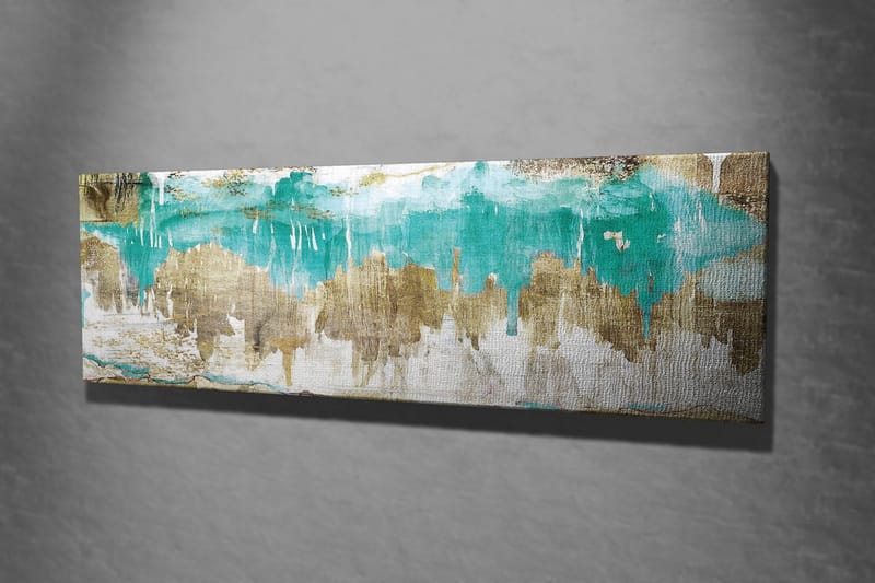 Canvas-taulu 80x30 cm - Abstrakti maisema turkoosilla ja kultaisilla elementeillä - Turkoosi / Kulta / Beige - Sisustustuotteet - Taulu & taide - Canvas-taulu