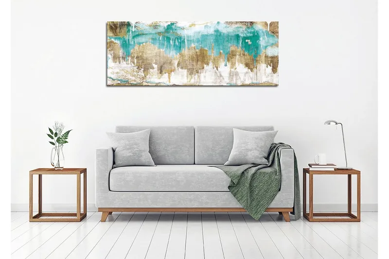 Canvas-taulu 80x30 cm - Abstrakti maisema turkoosilla ja kultaisilla elementeillä - Turkoosi / Kulta / Beige - Sisustustuotteet - Taulu & taide - Canvas-taulu