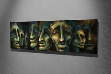 Canvas-taulu 80x30 cm - Abstrakti sommitelma ilmeikkäistä kasvoista - Tummansininen / Vihreä / Beige - Sisustustuotteet - Taulu & taide - Canvas-taulu