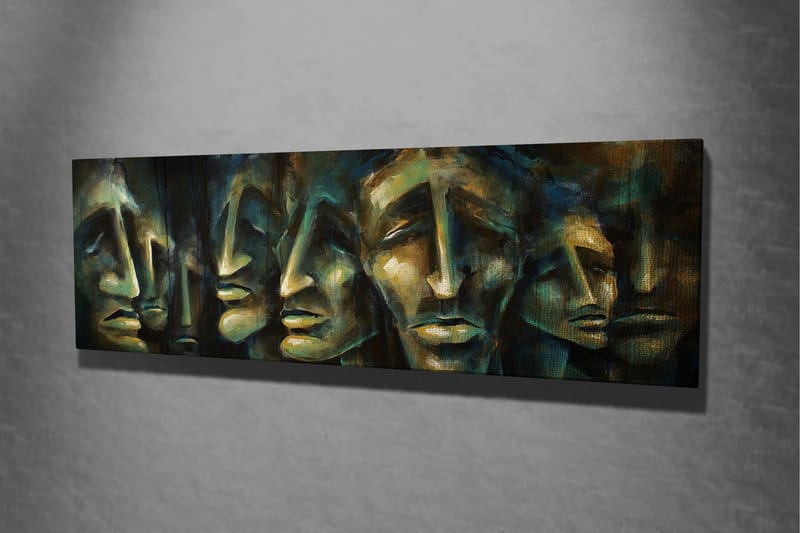 Canvas-taulu 80x30 cm - Abstrakti sommitelma ilmeikkäistä kasvoista - Tummansininen / Vihreä / Beige - Sisustustuotteet - Taulu & taide - Canvas-taulu