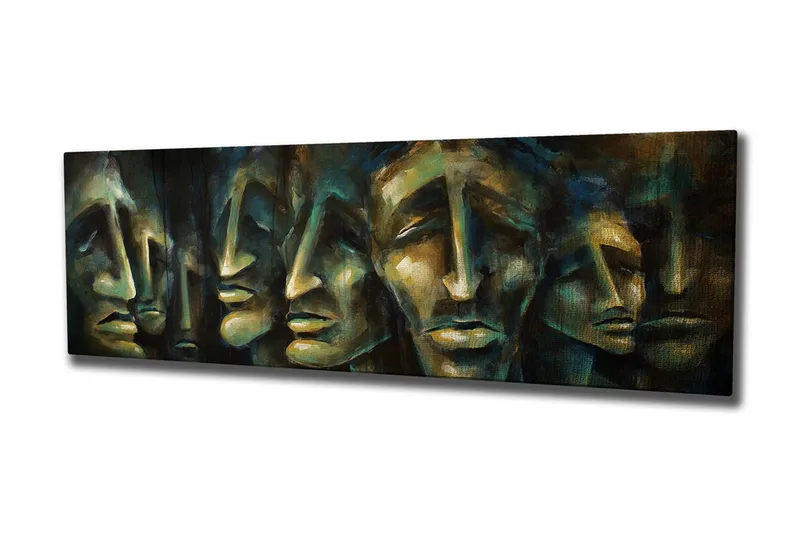 Canvas-taulu 80x30 cm - Abstrakti sommitelma ilmeikkäistä kasvoista - Tummansininen / Vihreä / Beige - Sisustustuotteet - Taulu & taide - Canvas-taulu