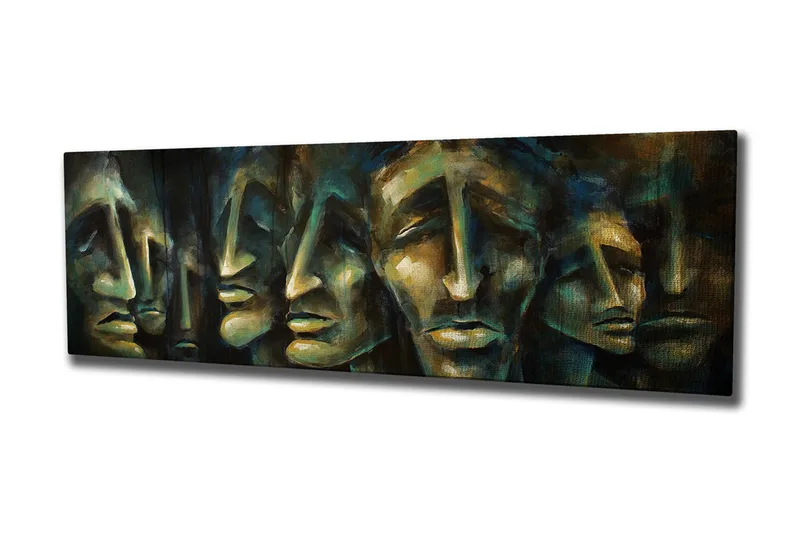 Canvas-taulu 80x30 cm - Abstrakti sommitelma ilmeikkäistä kasvoista - Tummansininen / Vihreä / Beige - Sisustustuotteet - Taulu & taide - Canvas-taulu