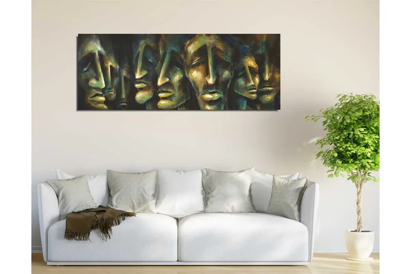 Canvas-taulu 80x30 cm - Abstrakti sommitelma ilmeikkäistä kasvoista - Tummansininen / Vihreä / Beige - Sisustustuotteet - Taulu & taide - Canvas-taulu