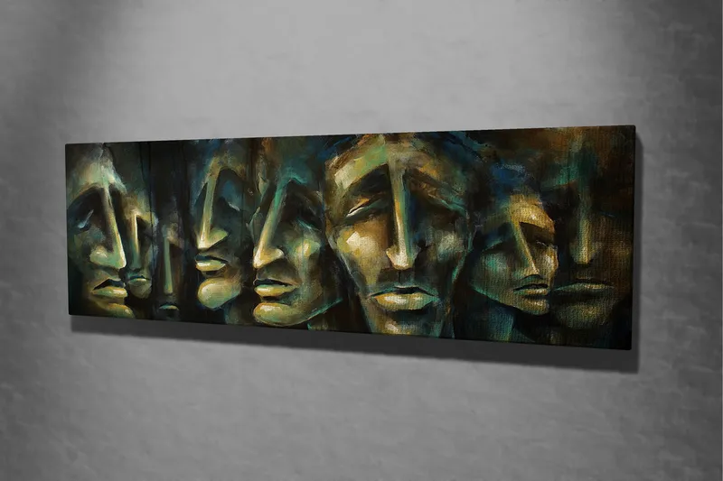 Canvas-taulu 80x30 cm - Abstrakti sommitelma ilmeikkäistä kasvoista - Tummansininen / Vihreä / Beige - Sisustustuotteet - Taulu & taide - Canvas-taulu