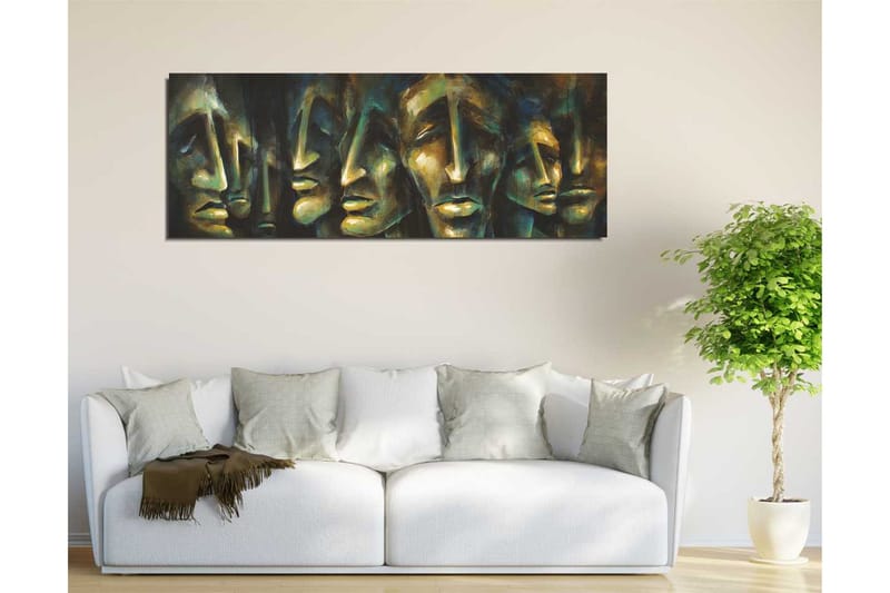Canvas-taulu 80x30 cm - Abstrakti sommitelma ilmeikkäistä kasvoista - Tummansininen / Vihreä / Beige - Sisustustuotteet - Taulu & taide - Canvas-taulu