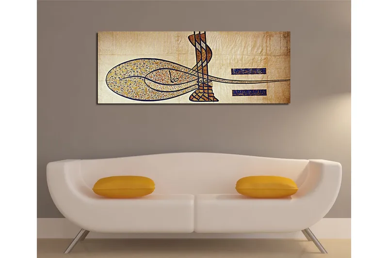 Canvas-taulu 80x30 cm - Abstrakti sommitelma kalligrafisilla muodoilla - Kulta / Sininen / Beige - Sisustustuotteet - Taulu & taide - Canvas-taulu