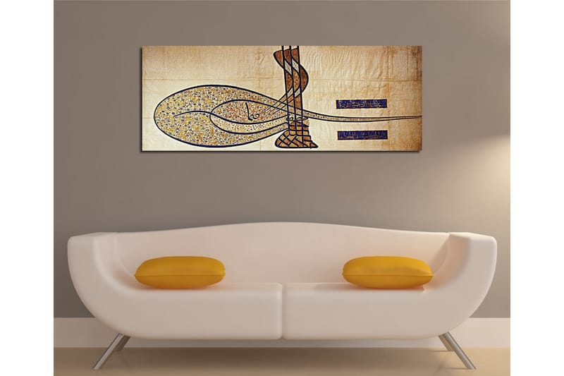 Canvas-taulu 80x30 cm - Abstrakti sommitelma kalligrafisilla muodoilla - Kulta / Sininen / Beige - Sisustustuotteet - Taulu & taide - Canvas-taulu