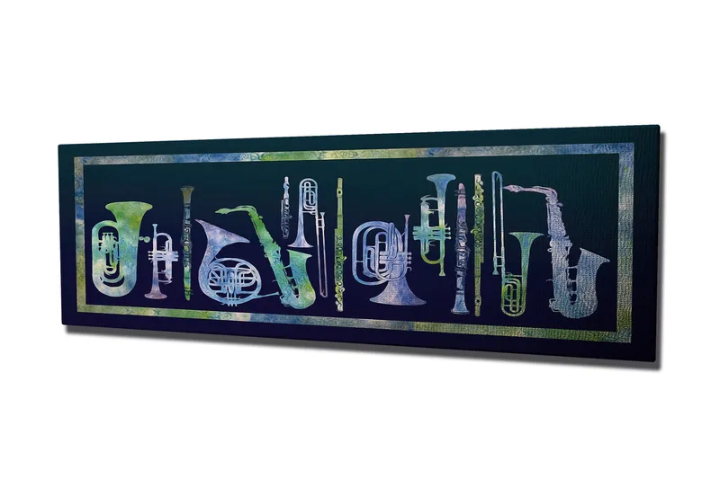 Canvas-taulu 80x30 cm - Erilaisten puhallinsoittimien sommittelu abstraktissa tyylissä, Tummansininen / Vaaleanvihreä / Valkoinen