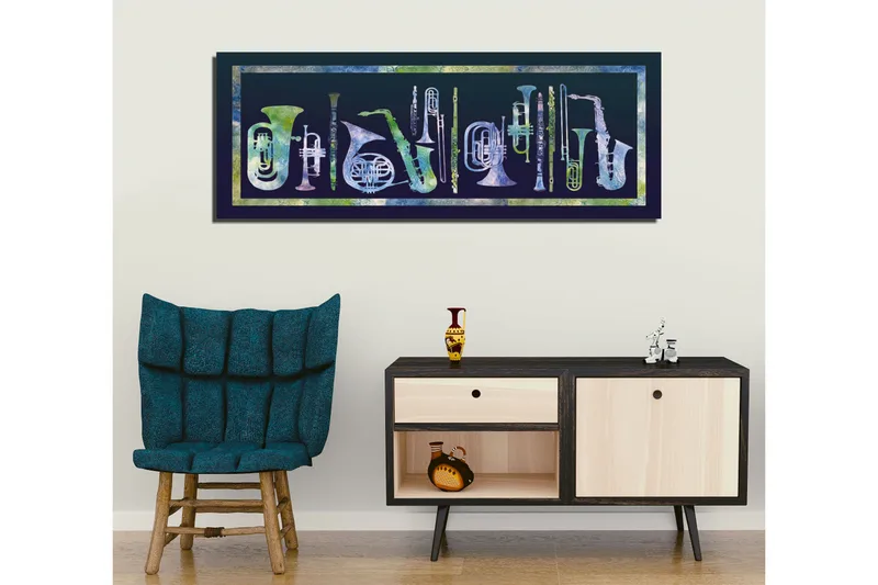 Canvas-taulu 80x30 cm - Erilaisten puhallinsoittimien sommittelu abstraktissa tyylissä - Tummansininen / Vaaleanvihreä / Valkoinen - Sisustustuotteet - Taulu & taide - Canvas-taulu
