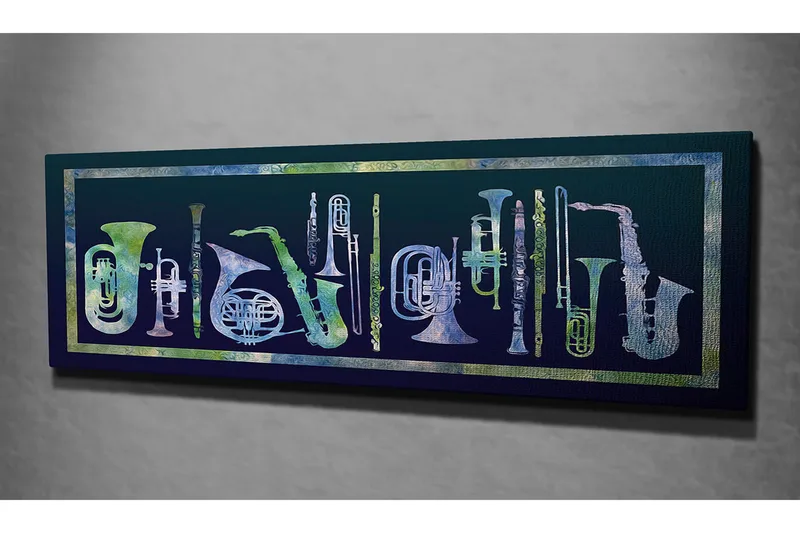 Canvas-taulu 80x30 cm - Erilaisten puhallinsoittimien sommittelu abstraktissa tyylissä - Tummansininen / Vaaleanvihreä / Valkoinen - Sisustustuotteet - Taulu & taide - Canvas-taulu