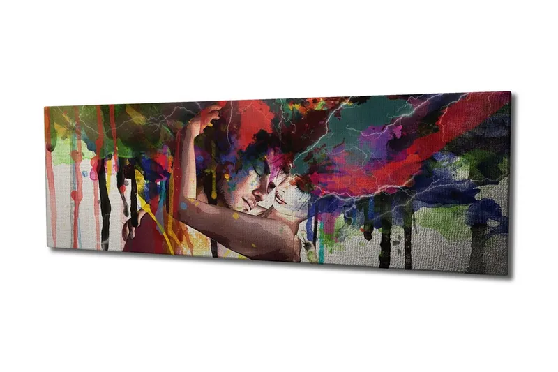 Canvas-taulu 80x30 cm - Intohimoinen syleily värikkäillä väriräjähdyksillä kaikkialla, Punainen / Vihreä / Sininen