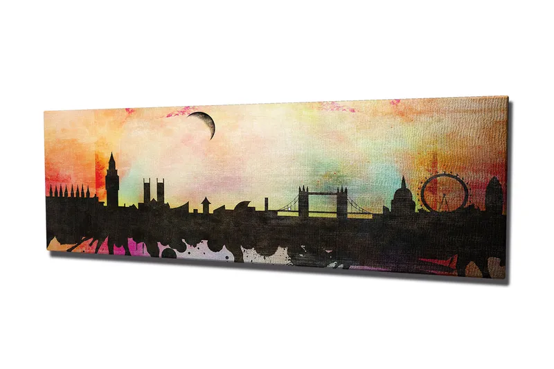 Canvas-taulu 80x30 cm - Kaupungin siluetti ikonisine rakennuksineen värikästä taivasta vasten, Musta / Vaaleanpunainen / Sininen