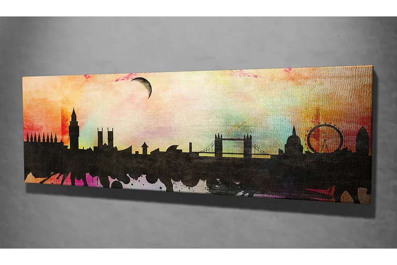 Canvas-taulu 80x30 cm - Kaupungin siluetti ikonisine rakennuksineen värikästä taivasta vasten - Musta / Vaaleanpunainen / Sininen - Sisustustuotteet - Taulu & taide - Canvas-taulu