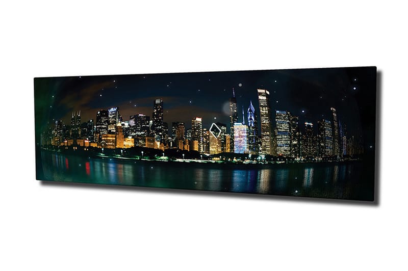 Canvas-taulu 80x30 cm - Kaupungin siluetti kimaltelevilla pilvenpiirtäjillä yövalossa, Tummansininen / Kulta / Musta