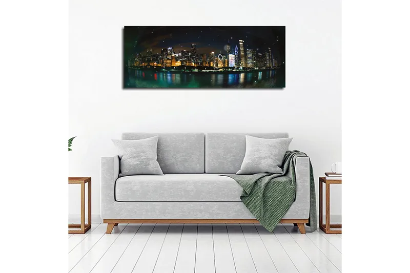 Canvas-taulu 80x30 cm - Kaupungin siluetti kimaltelevilla pilvenpiirtäjillä yövalossa - Tummansininen / Kulta / Musta - Sisustustuotteet - Taulu & taide - Canvas-taulu