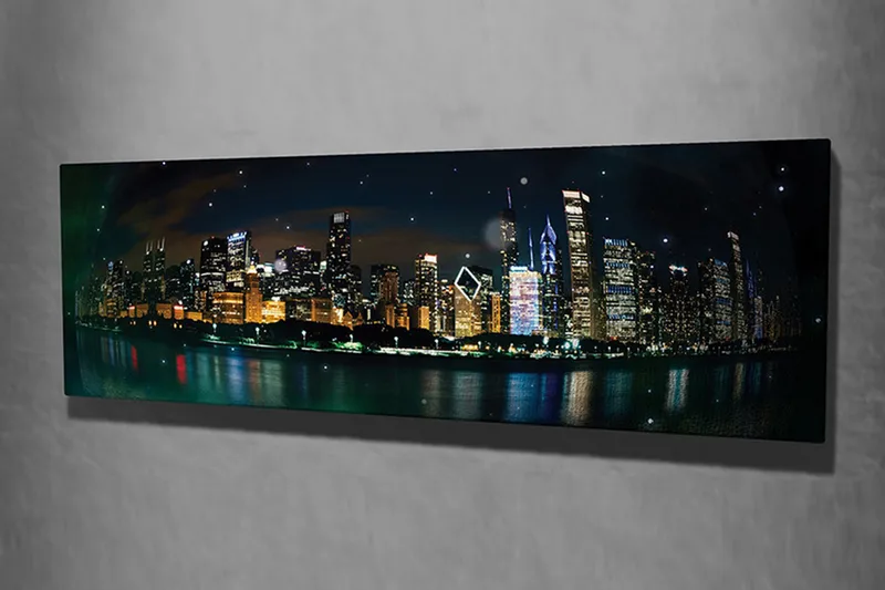 Canvas-taulu 80x30 cm - Kaupungin siluetti kimaltelevilla pilvenpiirtäjillä yövalossa - Tummansininen / Kulta / Musta - Sisustustuotteet - Taulu & taide - Canvas-taulu