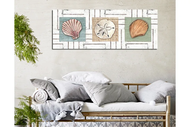 Canvas-taulu 80x30 cm - Kolme erilaista simpukkaa värillisillä taustoilla - Vihreä / Beige / Vaaleanpunainen - Sisustustuotteet - Taulu & taide - Canvas-taulu
