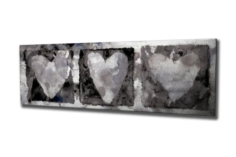 Canvas-taulu 80x30 cm - Kolme sydäntä pehmeissä harmaan sävyissä, Harmaa / Valkoinen / Musta