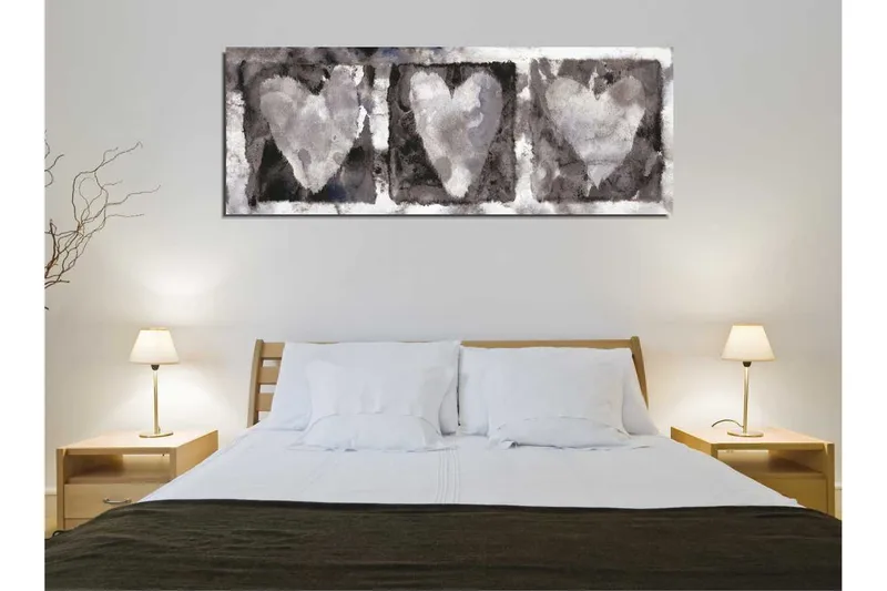 Canvas-taulu 80x30 cm - Kolme sydäntä pehmeissä harmaan sävyissä - Harmaa / Valkoinen / Musta - Sisustustuotteet - Taulu & taide - Canvas-taulu
