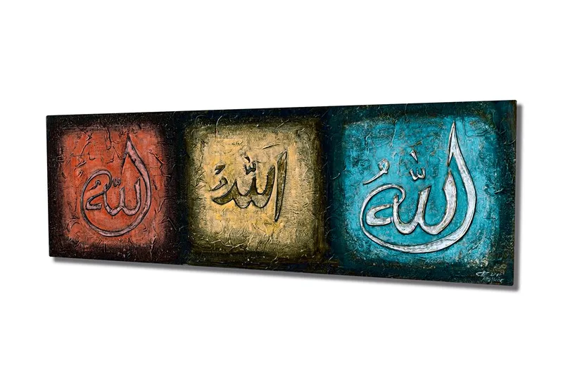 Canvas-taulu 80x30 cm - Kolme paneelia, joissa on erivärisiä kalligrafisia kaiverruksia, Punainen / Kulta / Turkoosi