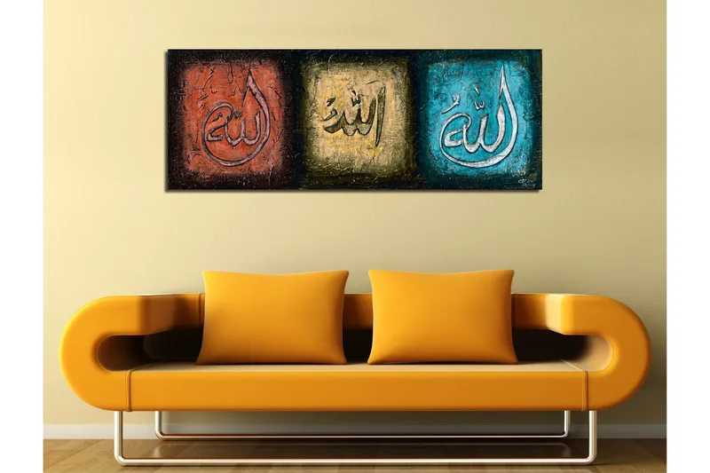 Canvas-taulu 80x30 cm - Kolme paneelia, joissa on erivärisiä kalligrafisia kaiverruksia - Punainen / Kulta / Turkoosi - Sisustustuotteet - Taulu & taide - Canvas-taulu