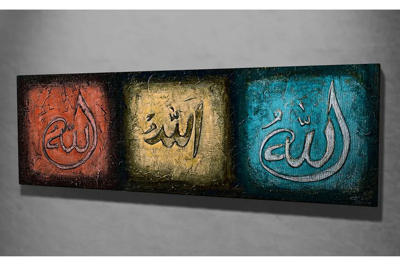 Canvas-taulu 80x30 cm - Kolme paneelia, joissa on erivärisiä kalligrafisia kaiverruksia - Punainen / Kulta / Turkoosi - Sisustustuotteet - Taulu & taide - Canvas-taulu