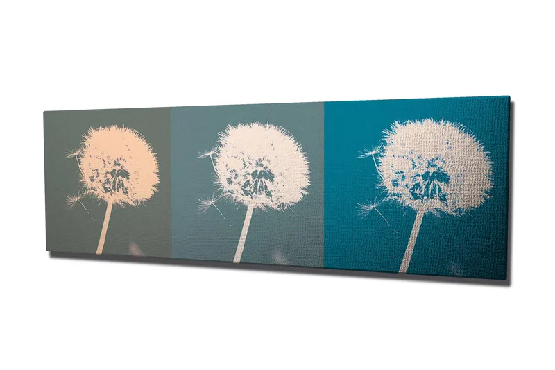 Canvas-taulu 80x30 cm - Kolmiosainen kuva voikukasta eri värisävyillä, Vaaleanpunainen / Vihreänsininen / Tummansininen