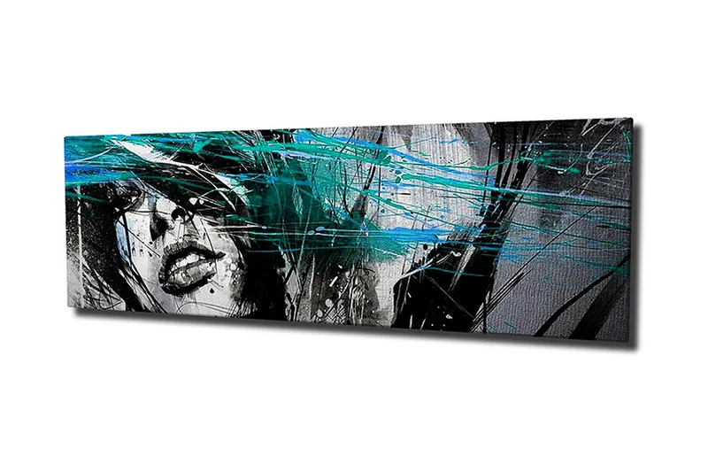 Canvas-taulu 80x30 cm - Naisen muotokuva abstrakteilla värisiveltimillä, Musta / Turkoosi / Valkoinen