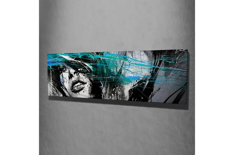 Canvas-taulu 80x30 cm - Naisen muotokuva abstrakteilla värisiveltimillä - Musta / Turkoosi / Valkoinen - Sisustustuotteet - Taulu & taide - Canvas-taulu