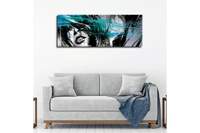Canvas-taulu 80x30 cm - Naisen muotokuva abstrakteilla värisiveltimillä - Musta / Turkoosi / Valkoinen - Sisustustuotteet - Taulu & taide - Canvas-taulu
