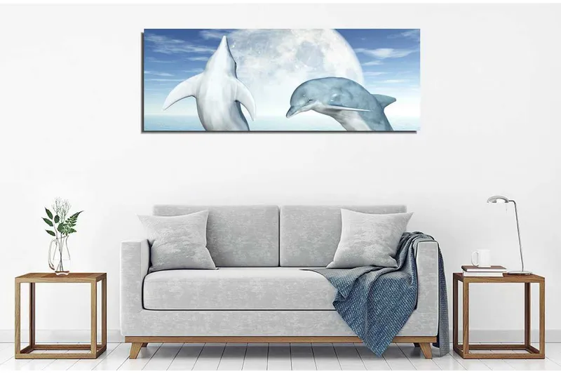 Canvas-taulu 80x30 cm - Sukeltavat delfiinit täysikuun alla - Sininen / Valkoinen / Harmaa - Sisustustuotteet - Taulu & taide - Canvas-taulu