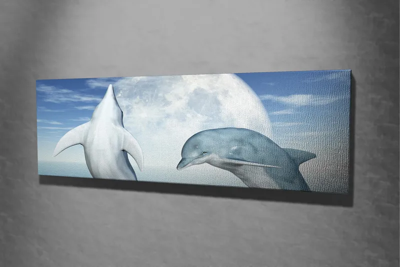Canvas-taulu 80x30 cm - Sukeltavat delfiinit täysikuun alla - Sininen / Valkoinen / Harmaa - Sisustustuotteet - Taulu & taide - Canvas-taulu