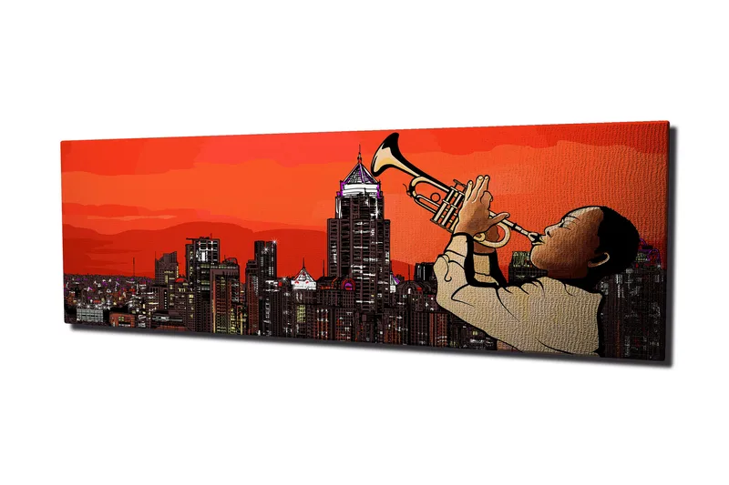 Canvas-taulu 80x30 cm - Trumpetinsoittoa auringonlaskun aikaan kaupungin siluettia vasten, Punainen / Musta / Beige