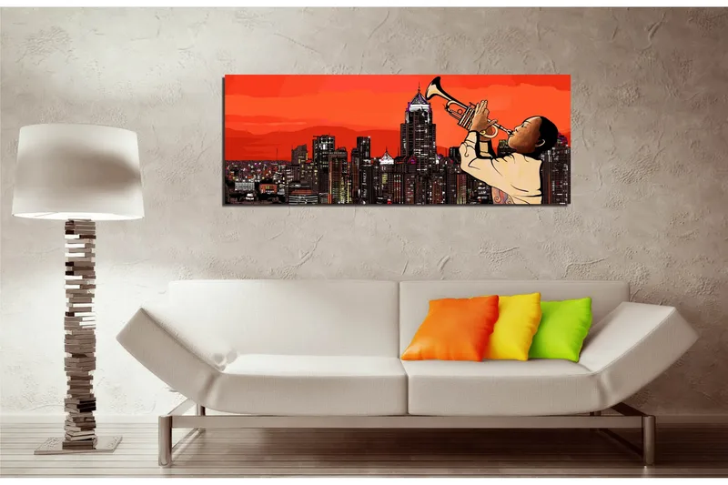 Canvas-taulu 80x30 cm - Trumpetinsoittoa auringonlaskun aikaan kaupungin siluettia vasten - Punainen / Musta / Beige - Sisustustuotteet - Taulu & taide - Canvas-taulu