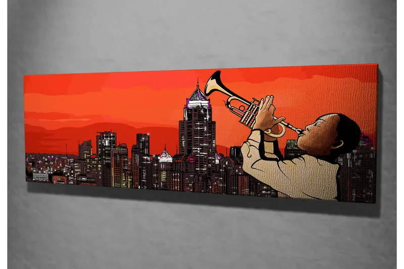 Canvas-taulu 80x30 cm - Trumpetinsoittoa auringonlaskun aikaan kaupungin siluettia vasten - Punainen / Musta / Beige - Sisustustuotteet - Taulu & taide - Canvas-taulu