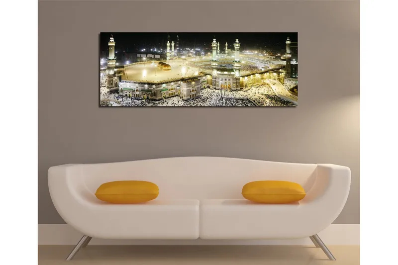 Canvas-taulu 80x30 cm - Upea näkymä Mekan pyhään paikkaan yövalossa - Kulta / Vihreä / Musta - Sisustustuotteet - Taulu & taide - Canvas-taulu