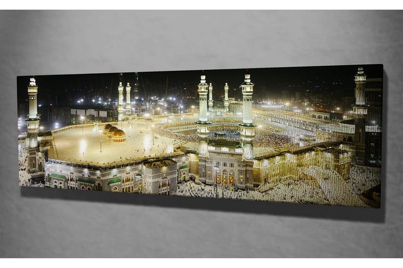 Canvas-taulu 80x30 cm - Upea näkymä Mekan pyhään paikkaan yövalossa - Kulta / Vihreä / Musta - Sisustustuotteet - Taulu & taide - Canvas-taulu
