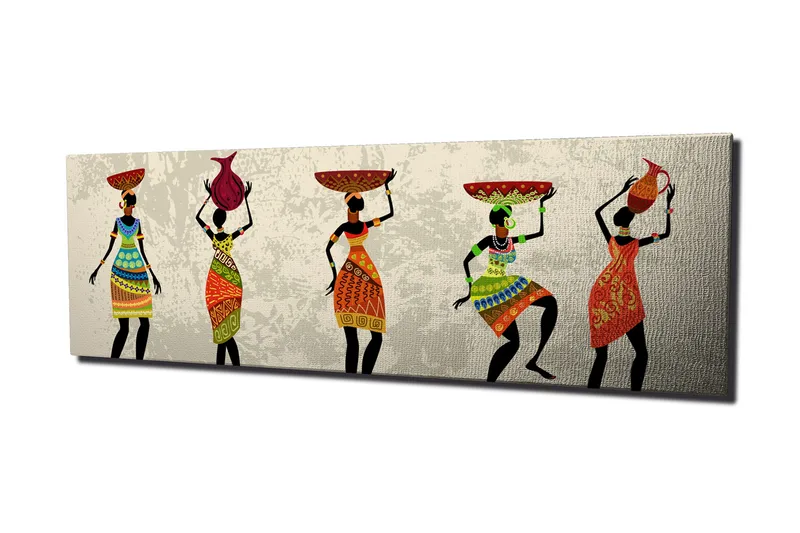 Canvas-taulu 80x30 cm - Viisi naista värikkäissä mekoissa kantamassa erilaisia esineitä päässään, Punainen / Vihreä / Oranssi