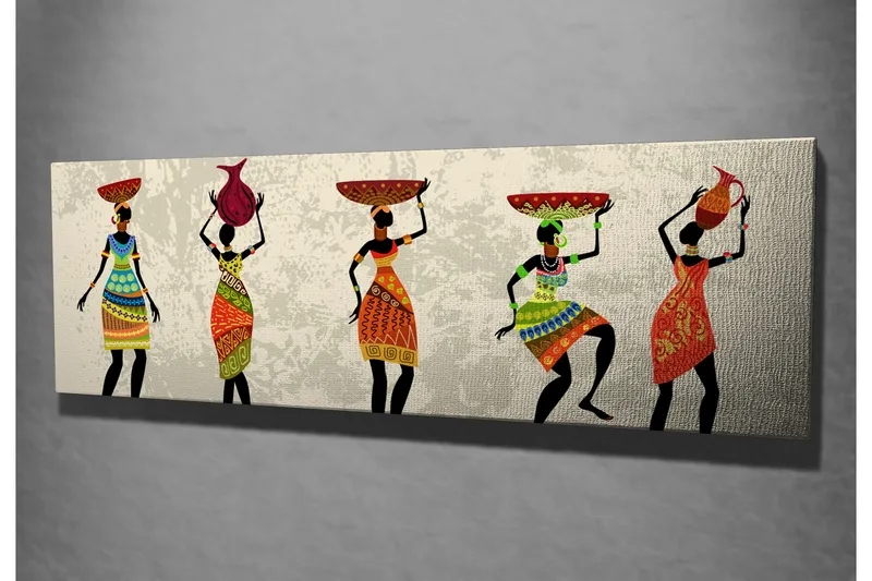 Canvas-taulu 80x30 cm - Viisi naista värikkäissä mekoissa kantamassa erilaisia esineitä päässään - Punainen / Vihreä / Oranssi - Sisustustuotteet - Taulu & taide - Canvas-taulu