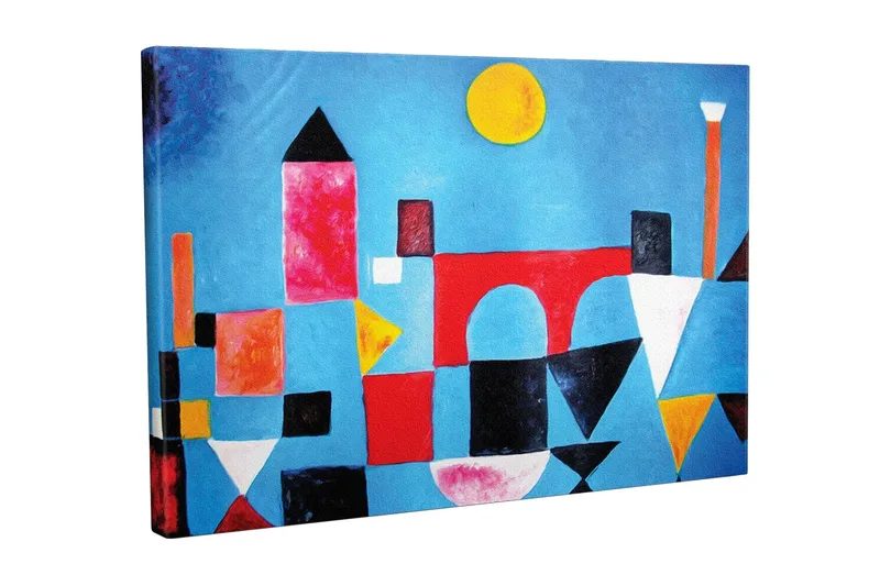 Canvas-taulu - Abstrakti kaupunkikuva geometrisilla muodoilla ja värikkäillä rakennuksilla, Sininen / Punainen / Musta