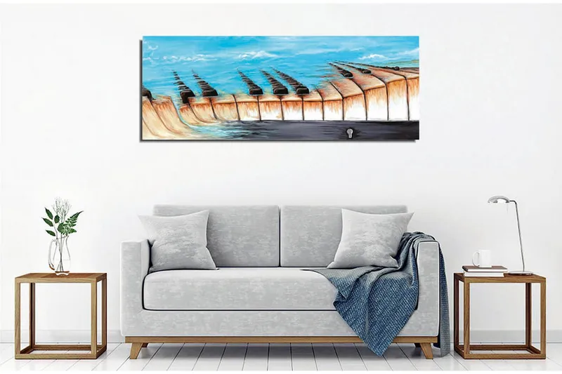 Canvas-taulu - Abstrakti maisema järvellä ja geometrisilla muodoilla - Sininen / Beige / Musta - Sisustustuotteet - Taulu & taide - Canvas-taulu