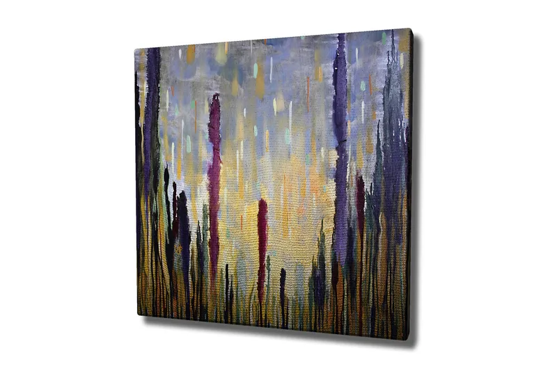 Canvas-taulu - Abstrakti maisema pystysuorilla muodoilla, Violetti / Kulta / Vihreä