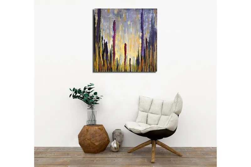 Canvas-taulu - Abstrakti maisema pystysuorilla muodoilla - Violetti / Kulta / Vihreä - Sisustustuotteet - Taulu & taide - Canvas-taulu