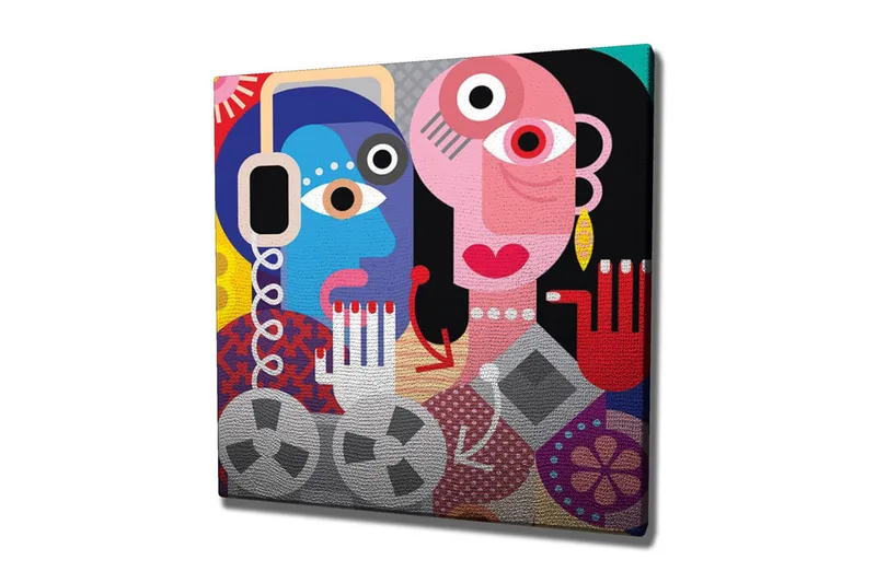 Canvas-taulu - Abstrakti muotokuva kahdesta kasvosta värikkäillä yksityiskohdilla, Sininen / Vaaleanpunainen / Punainen